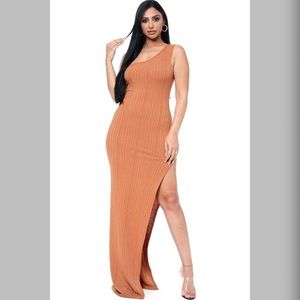 One shoulder Camel Wild Rib Split Maxi Dress